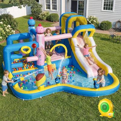 Toboggan aquatique gonflable pour enfants de 3 à 12 ans : château gonflable avec piscine pour créer un parc aquatique de jardin avec souffleur de 480 W – 10 en 1 pour une fête d’anniversaire en plein air