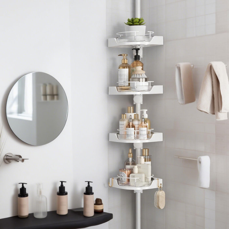 Organisateur de poteau de tension rotatif à 360 ° pour poteau de douche - Poteau en métal antirouille réglable à 4 niveaux, tablettes en plastique avec garde-corps de sécurité, rangement pour salle de bain pour douche et baignoire (blanc)