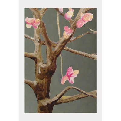 Tree With Pink Flowers On Dark Gray Print
