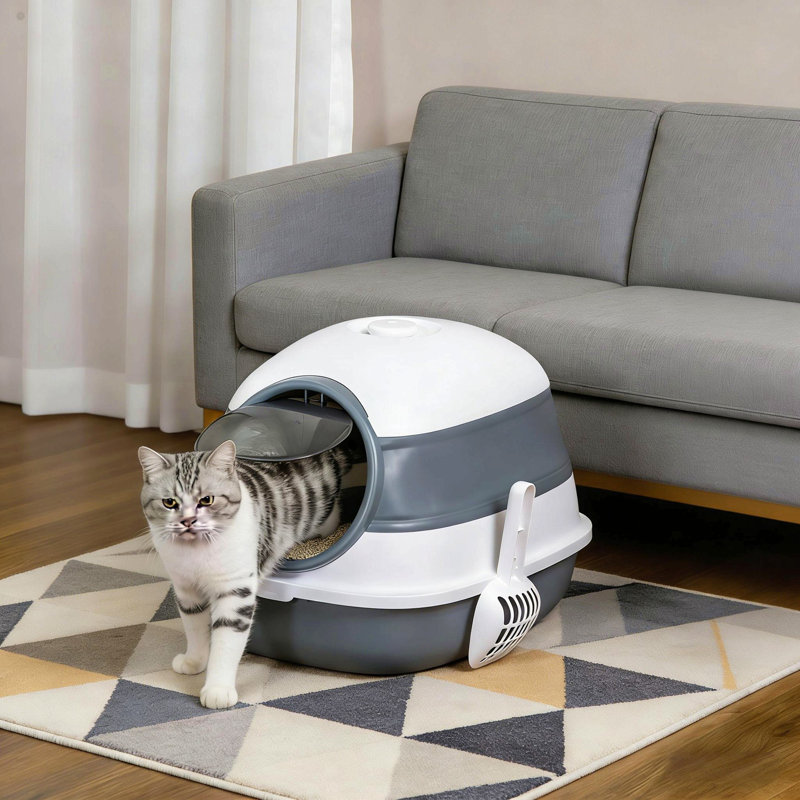 Litière avec couvercle, litière pour chat, Grey/White