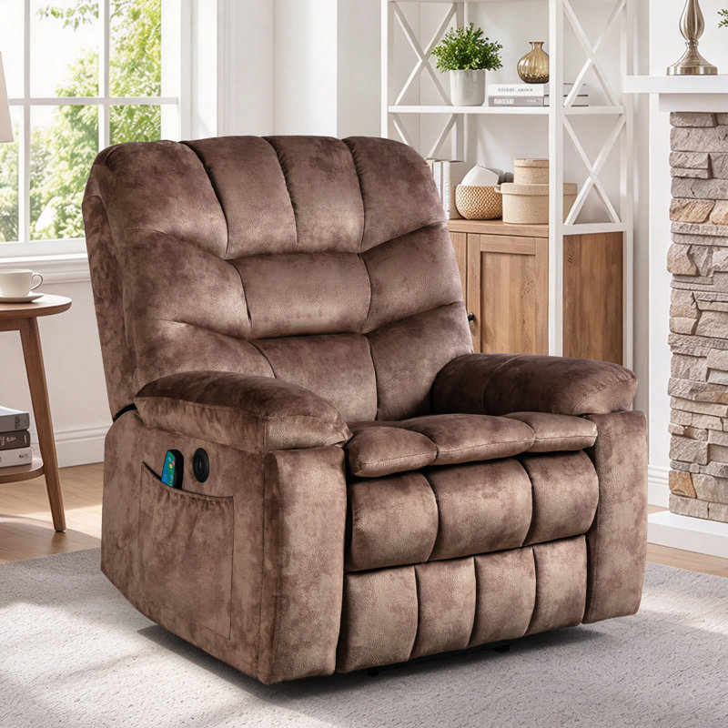 Fauteuil inclinable de massage chauffant surdimensionné en velours de 39,5 po avec port USB, porte-gobelets et poche latérale