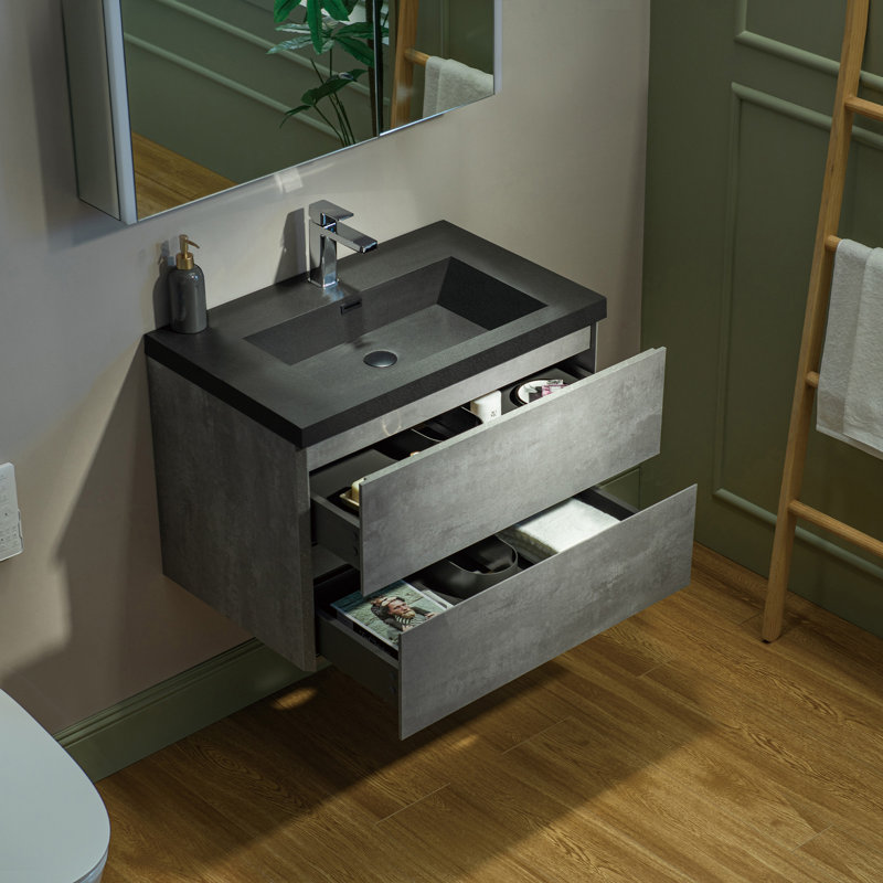 Vital 30" Wall Mounted Floating Bathroom Vanity in Gray with Quartz Vanity Top, Black, 30"