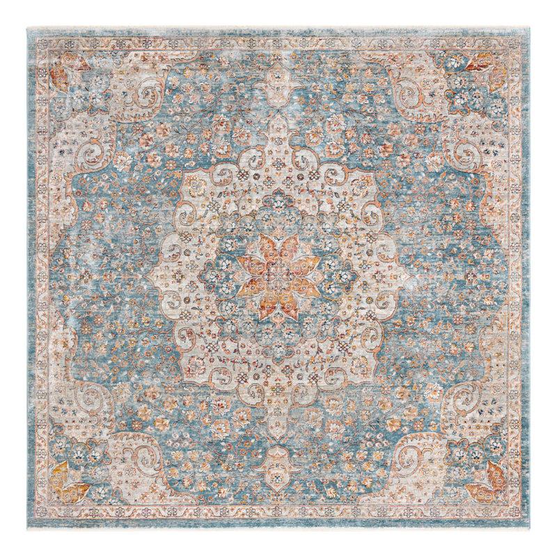 Tapis oriental bleu / rouille / ivoire Kaleigh, Carré 8 pi