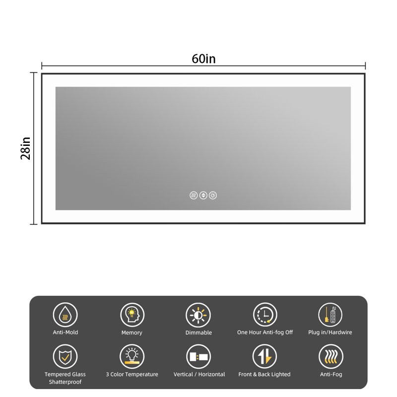 Miroir de salle de bain Lunara, 60 po x 28 po