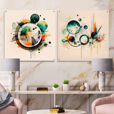 Multi-Color Watercolor Geometric Art V - Abstract Geometric Acrylic Wall Art Glass Set Of 2