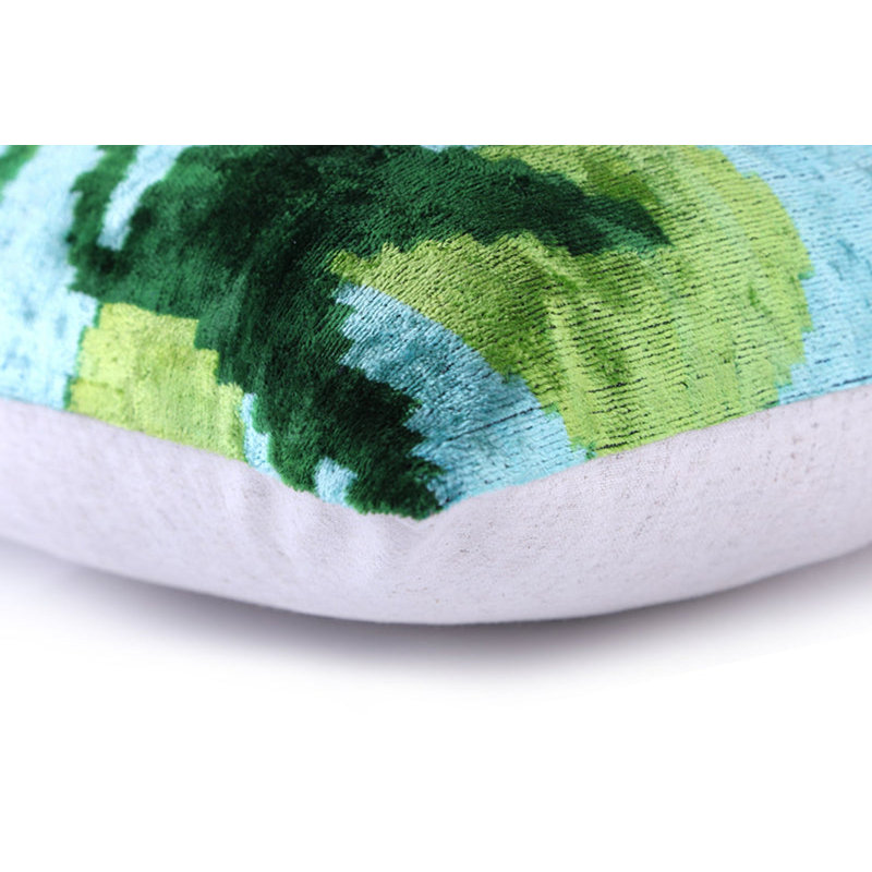 Coussin en velours vert feuille et turquoise - motif botanique fait à la main 16 x 24