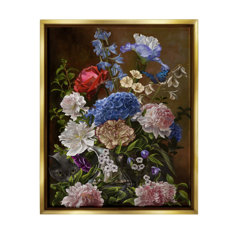 Fleurs et chat rétro, Cadre flottant métallique doré, H 31 po x l 25 po x P 1,7 po