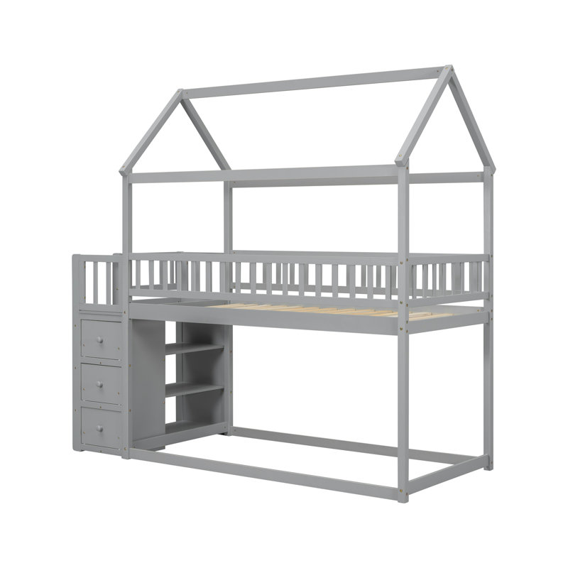 HOUSE BUNK BED WITH SHELVES AND DRAWERS