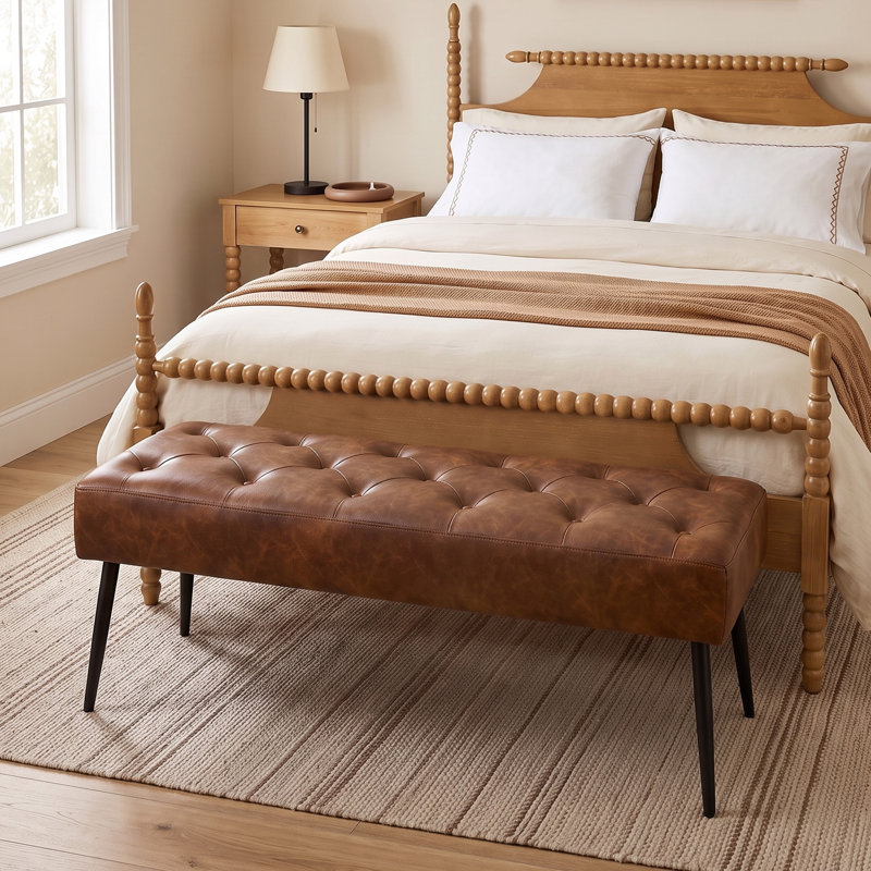Banc en cuir capitonné moderne Lora de 44 po de largeur avec pieds en métal Lora, Similicuir noir / brun jaunâtre