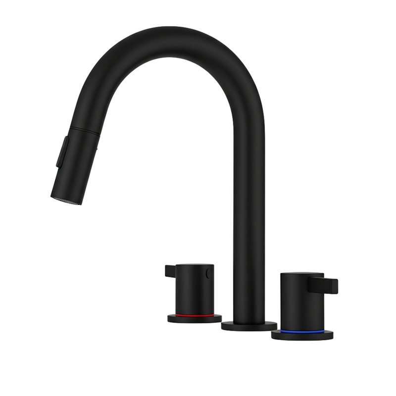 Robinet de lavabo surdimensionné de 8 pouces, 2 poignées, 3 trous avec bonde escamotable et pulvérisateur rétractable à 360 °, noir mat