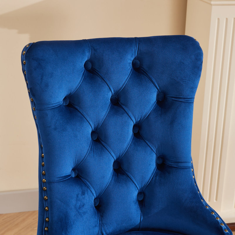 Allena Tufted Chairs Upholstered Chairs with Solid Wood Frame Nailhead Back and Ring Pull Trim , Black, Blue, 2