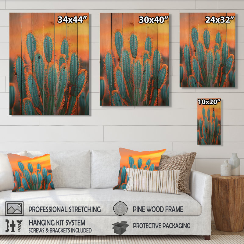 Mexique, cactus au coucher du soleil - Cactus floral, art mural sur bois de pin naturel, H 32 po x l 24 po x P 0,78 po