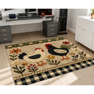 Tapis de ferme à motif de coq et de poule, lavable à la machine, avec envers antidérapant, style rustique et floral, idéal pour décorer votre salon, votre chambre ou votre cuisine.