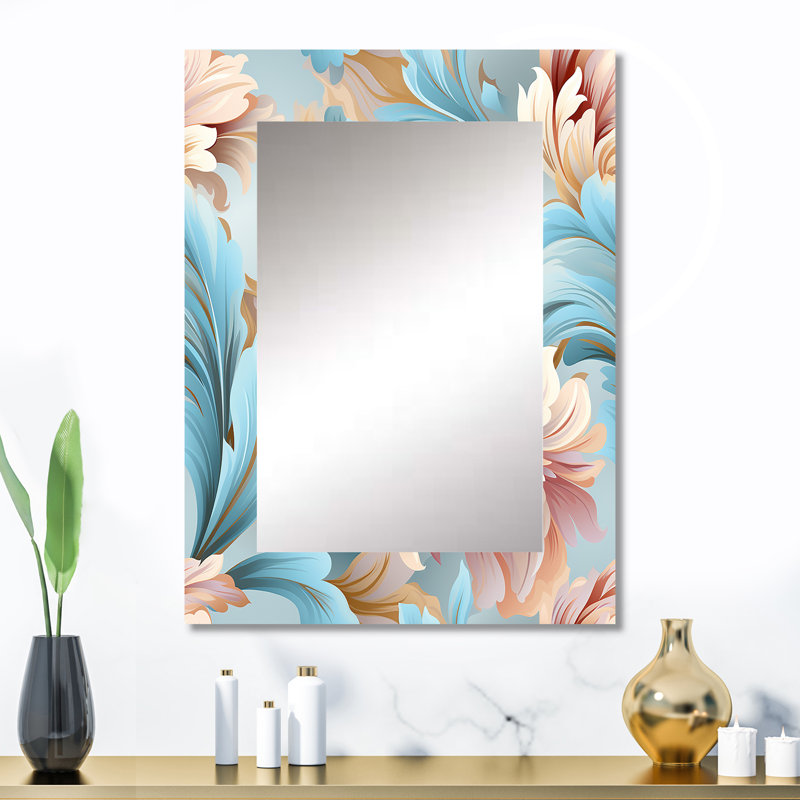 Baynham rose et bleu damassé en fleurs - miroir damassé, miroir mural unique damassé, impression sur métal, 32 po x 24 po