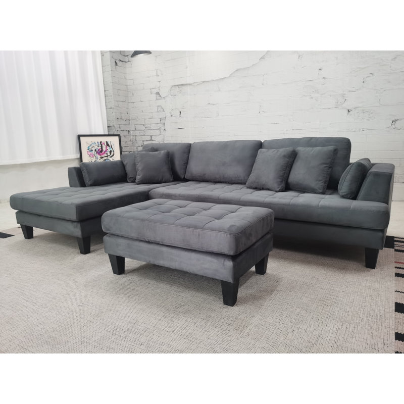 Canapé modulaire en microfibre avec repose-pieds Pritesh, Microfibres et suédine gris foncé, Accoudoir à gauche (vu de face)