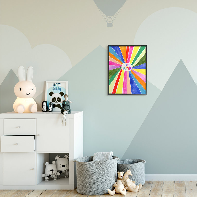 «Be Kind Expression Rainbow Stripe Burst» par Victoria Barnes - reproduction d'art, H 20 po x l 16 po x P 1,5 po, Cadre noir