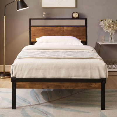 Full Metal Bed Frame With Wooden Headboard & - Embedded, Plentiful Under Storage, No Box Spring Needed, Simple To Assemble, And Stable, Silent, Suits 8+ Inch Mattresses, Black/Brown Size Platform