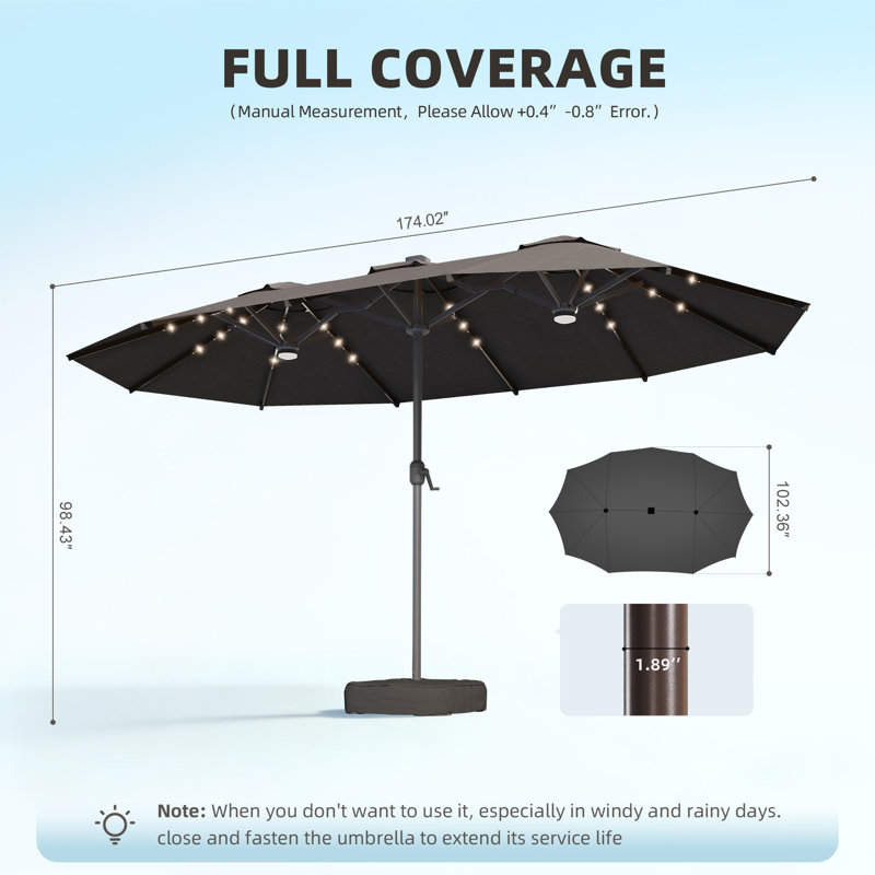 Parasol de marché rectangulaire 8,5 pi x 14,5 pi avec base et lumières chaudes solaires, Gris
