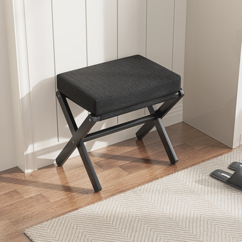 Rud Foldable Foot Stool with Soft Cushion and X Bamboo Legs, Thickened Foam Cushion Stool, Black/Black