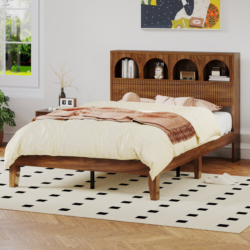 Structure de grand lit avec tête de lit, aucun sommier requis, Noyer, Full