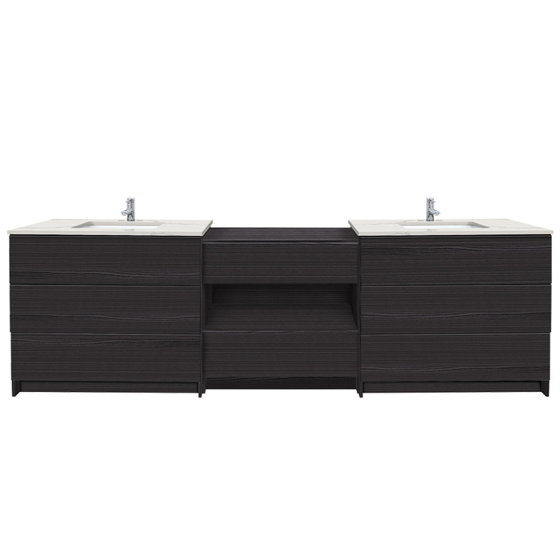 102 " W Free Standing Wall Mounted 2 Double Vanity Bathroom Vanity With Engineered Quartz Top, Calacatta White, Black
