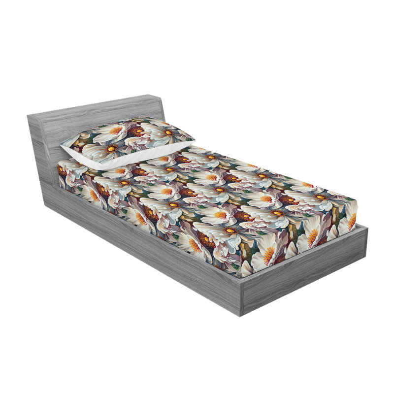 Ambesonne Fitted Sheet & Sham Set 3 Pcs Inverted Colours Flora Full Indigo Sky Blue Violet, Dark Mauve/Marigold Floral