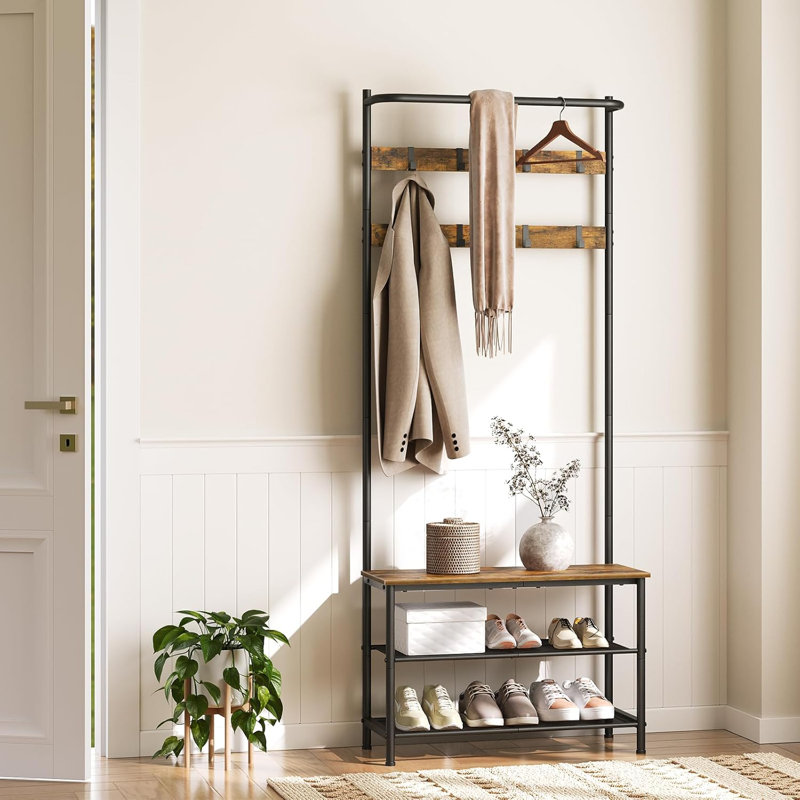 Hall Tree, Coat Rack With Shoe Bench, 4-In-1 Entryway Bench With Storage Shelves, Hanging Rod And 8 Movable Hooks, Hall Tree With Storage Bench For Hallway
