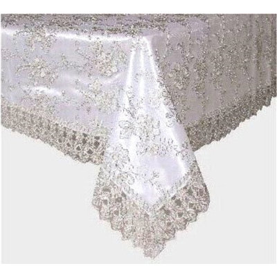 (60 x 90 po) Nappe brodée - blanc / argent métallique