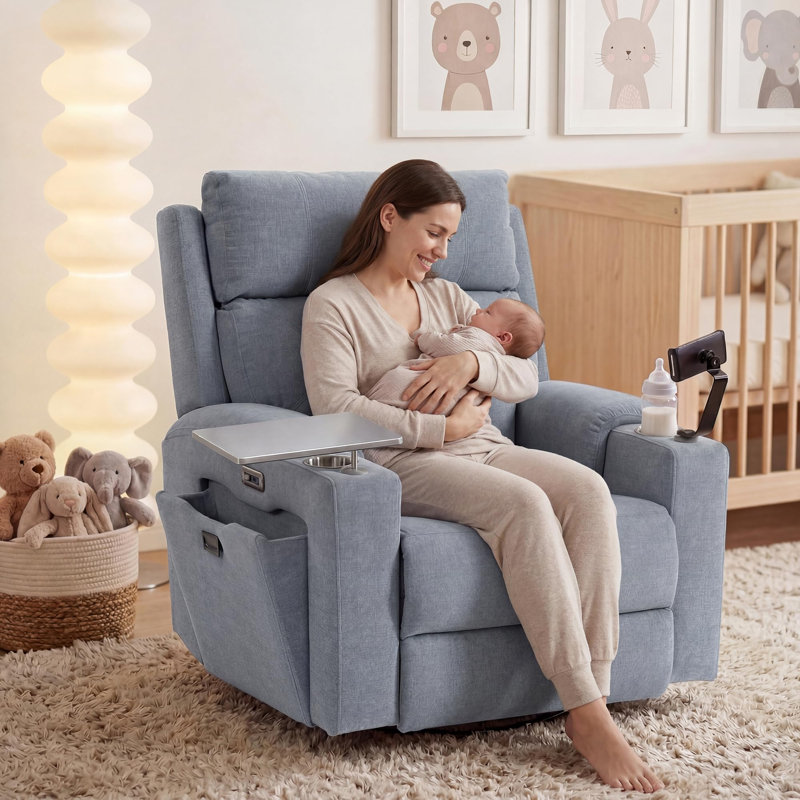 PU Leather Power Swivel Glider Recliner, Adjustable Headrest & Lumbar, Electric Rocking Chairs With Side Storage Space