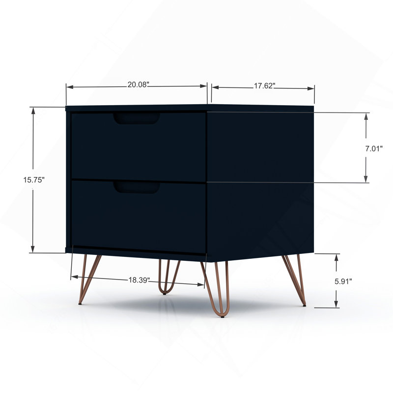 Rockefeller 20" Nightstand In Midnight Blue (2-Drawer), Dark Blue/Bronze