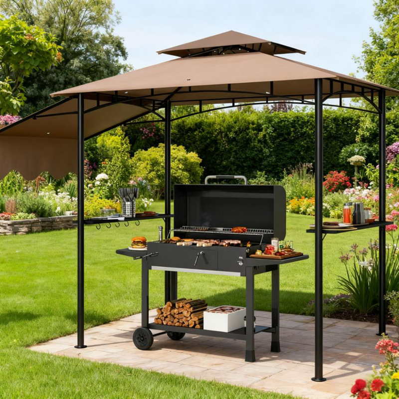 Abri de jardin pour barbecue avec auvent, tablettes latérales et crochets, Brun