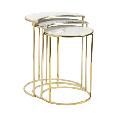 3 Piece white with grey veining marble Topped Accent_Nesting Tables Set with Gold Metal Legs