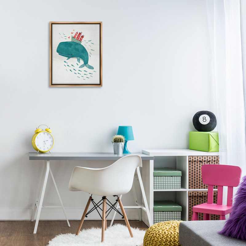 «Whale & Sailboat Diving», art mural encadré flottant par Irene Chan, H 21 po x l 17 po, Cadre flottant gris lustré