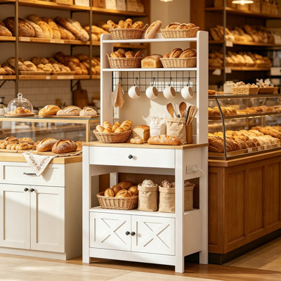 Baker Rack with Spill-Safe Power Outlet and Drawer, Coffee Bar Cabinet with Storage, Farmhouse Microwave Stand with Hutch and 5 Hooks for Kitchen, White