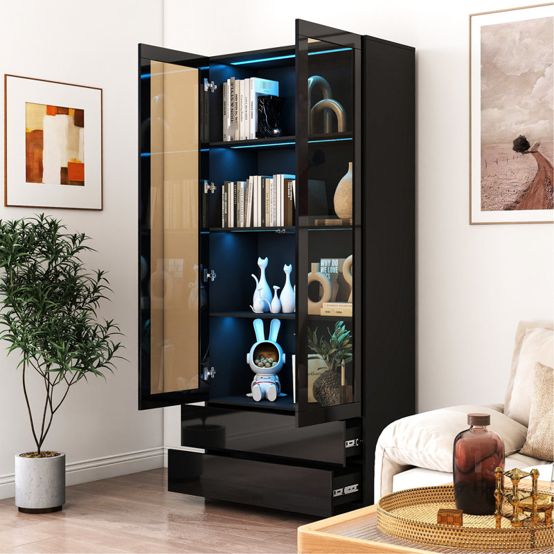Bibliothèque vitrée noire avec lumières à DEL, 2 tiroirs et 4 tablettes pour portes d'organisation de chambre à coucher, bureau