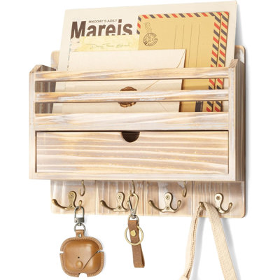  Organisateur de courrier et de clés en bois de pin pour mur - Organisateur de courrier de ferme fixé au mur avec 7 crochets robustes et rangement de tiroir - Essentiels pour une décoration intérieure élégante (vert)