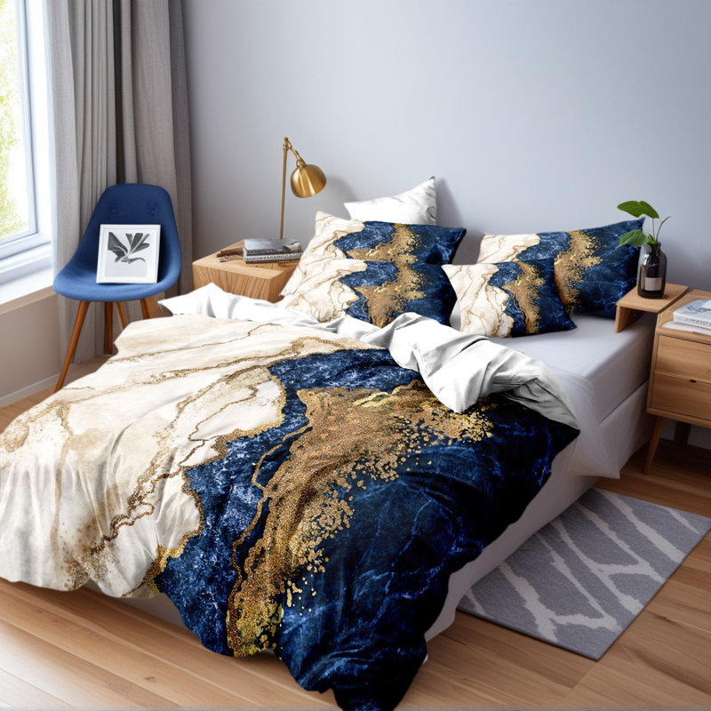 Literie Orylavena en microfibre à motif marbre bleu marine, blanc et or avec 2 taies d'oreiller, format King, 3 pièces (garnitures non comprises)