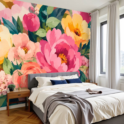 Murale auto-adhésive moderne pour la chambre à coucher Peel and Stick L 69 po x l 96 po avec motif floral abstrait coloré