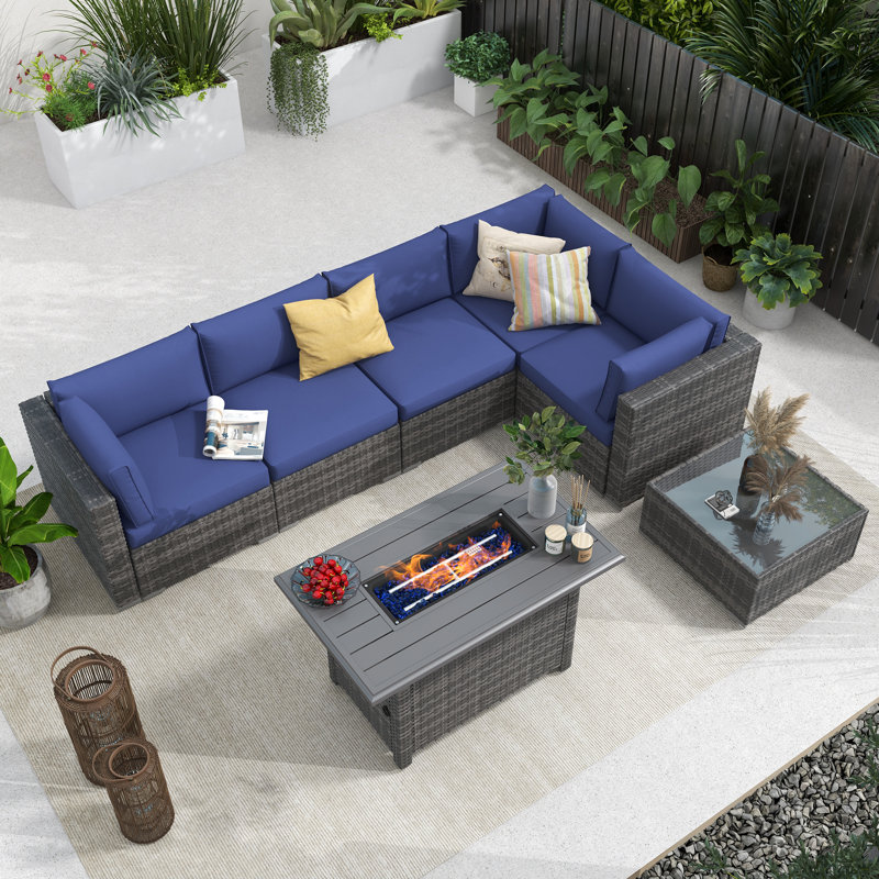 Caydin 5 - Person Modular Patio Conversation Set with Cushions, Gray Frame/Navy Cushion