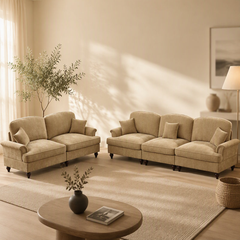 Ensemble de canapé modulaire classique 2 pièces avec accoudoirs évasés, volants amovibles et pieds fuselés, parfait pour les salons, café léger