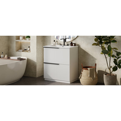 White 30" Bathroom Vanity With Fluted Design, Extension Drawers, And Glossy Ceramic Counter In Tint, Sink, Dual Split Drawer System