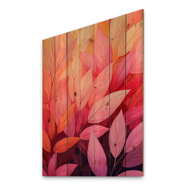 Corail, feuilles, danse de la forêt II - feuilles, art mural sur bois de pin naturel, H 44 po x l 34 po x P 0,78 po