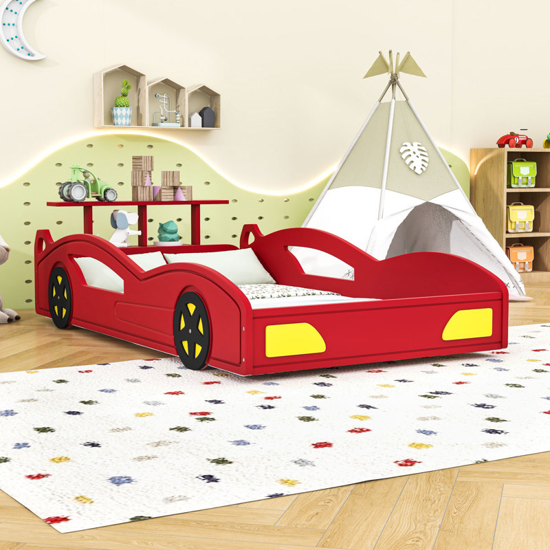 Twin Wooden Race Car Bed With Safety Rails And Built-In Rack, Red/Yellow