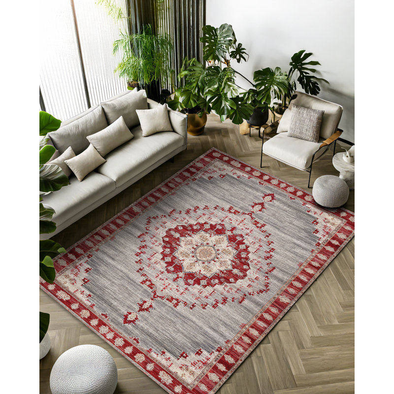 Marisol Burgundy Beige Gray Oriental Machine Printed Cotton Polyester Area Rug, Round 3'4"
