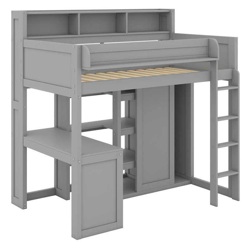 Lit mezzanine en bois avec plusieurs tablettes de rangement et garde-robe, Gris