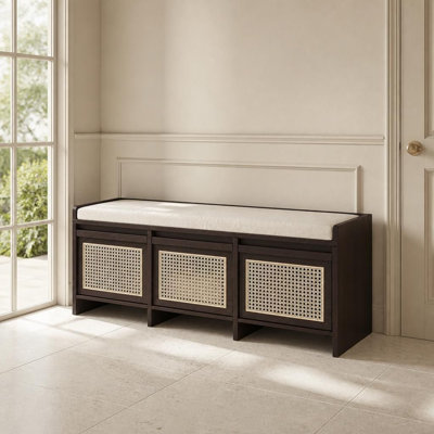 Multi-Purpose Entryway Storage Bench with Rattan Drawers, Removable Button-Tufted Cushion, Sturdy Seating Solution for Hallway, Foyer, Stair Landing, Living Room with Hidden Compartment, Organizer for Footwear and Small Daily Essentials