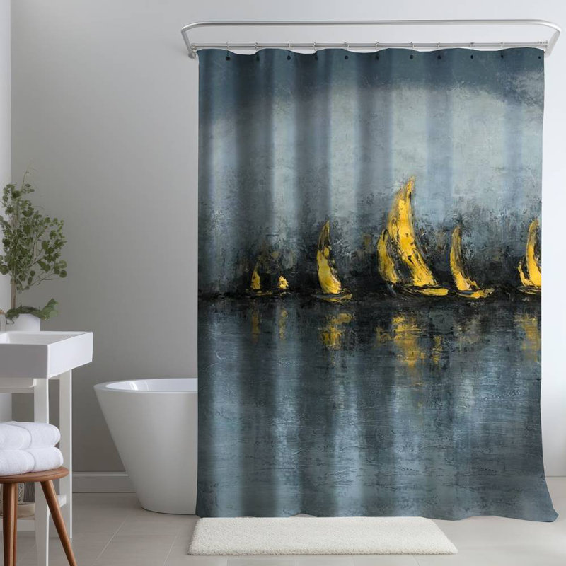 Shower Curtain CO159 – Polyester Shower Curtain, Dye Sublimation Print, 71" W × 74" L, White/Dark Blue/Yellow