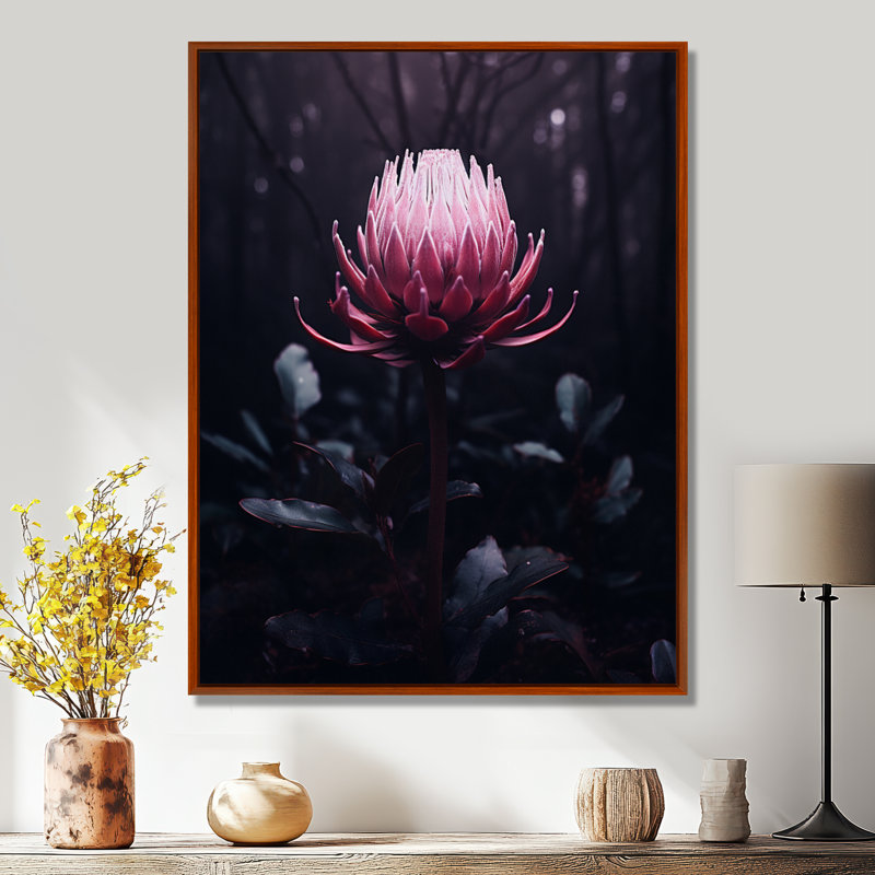 «Rose Protea Forest Flower - Autre plante et fleurs», art mural, H 32 po x l 16 po x P 1 po, Toile avec cadre flottant brun