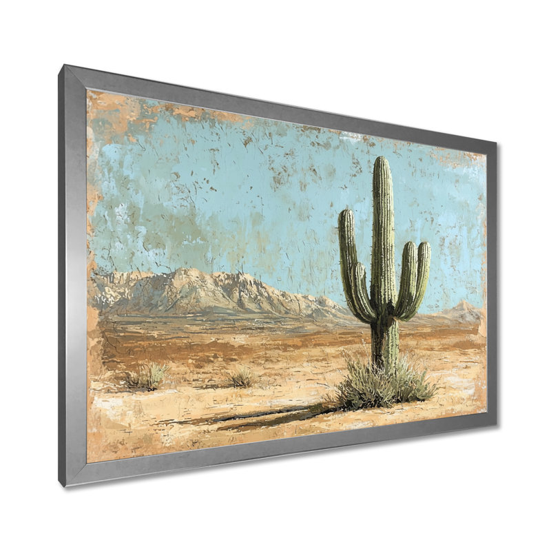 Cactus dans le désert I - art mural cactus, H 24 po x l 32 po, Cadre simple, Argent argent