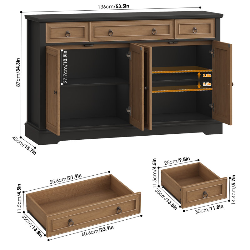 Buffet de 54 po Shondolyn avec tiroirs, armoires de rangement crédence (tablette réglable), Black/Brown
